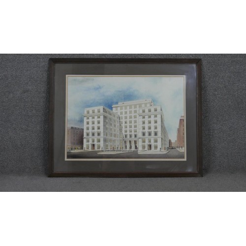 459 - A framed and glazed watercolour of a hotel indistinctly signed. H.73 W.93cm