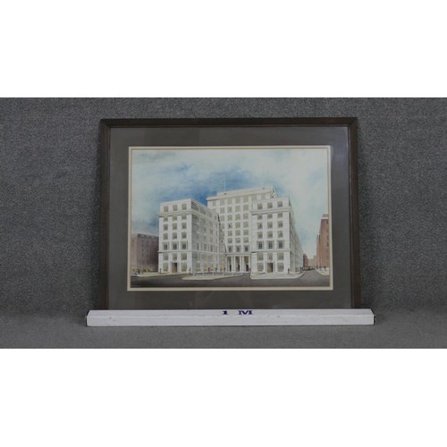 459 - A framed and glazed watercolour of a hotel indistinctly signed. H.73 W.93cm