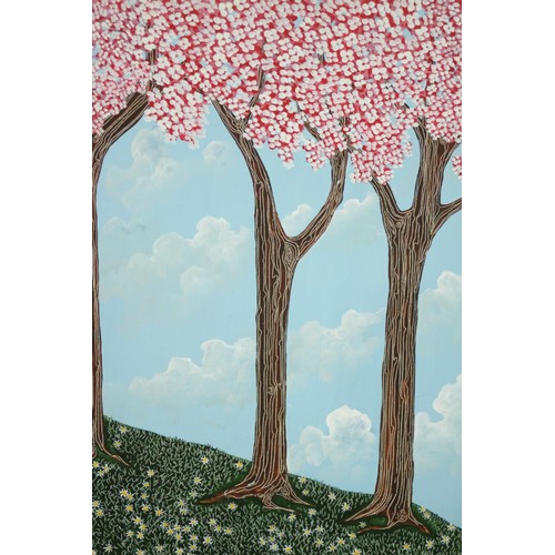 473 - Joe Machine (British b. 1973), Three Cherry Trees in Blossom, acrylic on canvas, signed lower right,... 