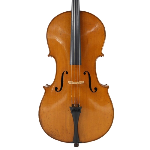 2521 - Good early 20th century German violoncello labelled 'Gustav Bernstein', the jointed back of faint me... 