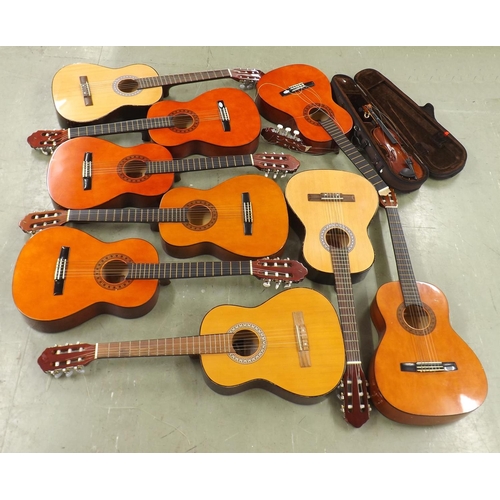 1501 - *Nine various student quality guitars in variable condition, six with soft covers; also a child's vi... 