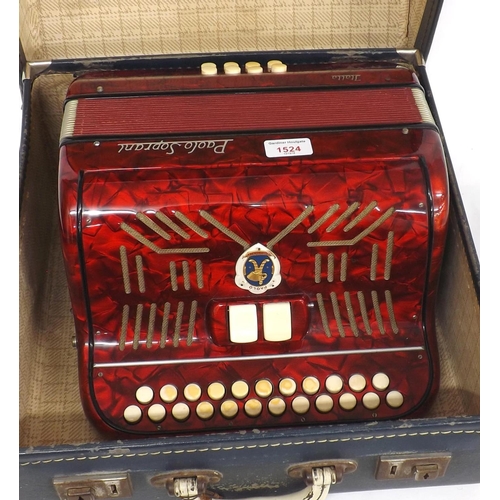 1524 - Paolo Soprani button accordion, red marble finish, case