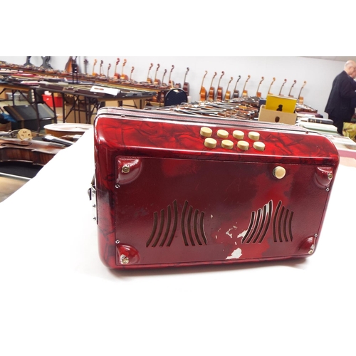 1524 - Paolo Soprani button accordion, red marble finish, case