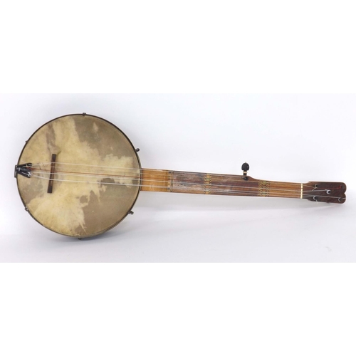 1049 - Rare six string fretless minstrel banjo, circa 1850, with geometric Tunbridge Ware inlay to the fing... 