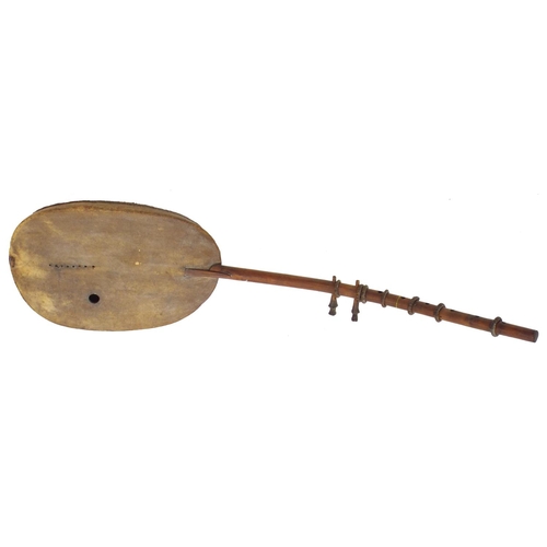 1238 - Interesting West African twelve string kora harp, with hide covered gourd back and decorated with co... 