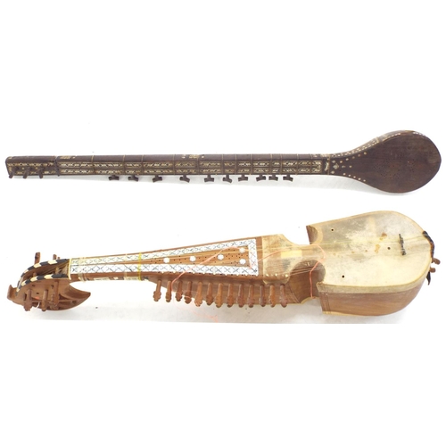 1253 - Decorative Indian hardwood fiddle; together with a decorative tanbur in need of restoration (2)