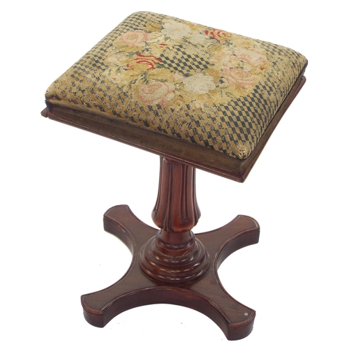 1256 - 19th century mahogany music stool with square cushioned seat upon an acanthus carved support and qua... 