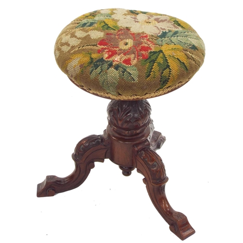 1258 - 19th century tripod music stool with circular cushion seat upon acanthus carved cabbriole legs