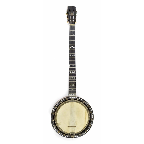 1208 - Temlett five string zither banjo circa 1900, high range model, with profuse geometric Mother of Pear... 