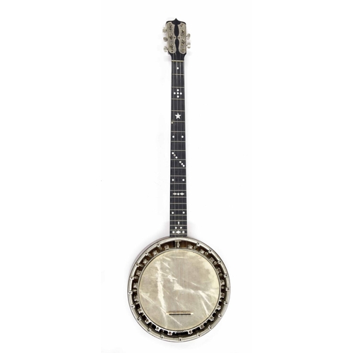 1217 - Good five string zither type banjo circa 1900, the resonator inlaid with double boxwood lines, Mothe... 