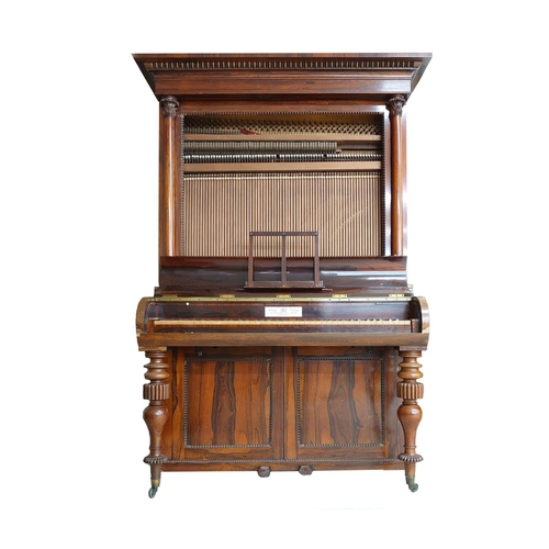 1226 - Rosewood cabinet piano by George Peachey of London, with cylinder keyboard cover over a recessed bea... 