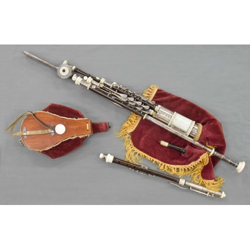 1240 - Set of Uilleann pipes by Denis Crowley, Cork, circa 1960, all tubes of rosewood with ivory and silve... 