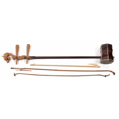 1242 - Contemporary Chinese Erhu Folk fiddle with snakeskin membrane and dragon finial, 32