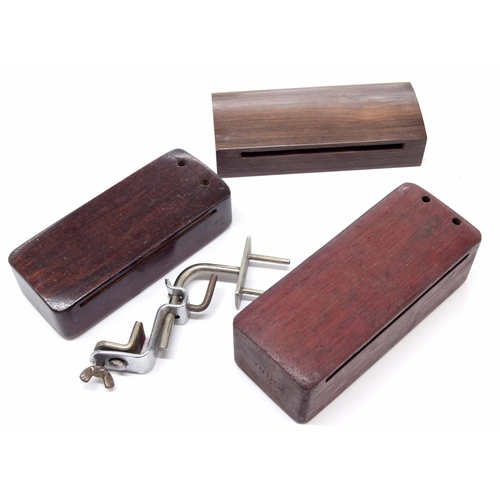 1252 - Paul Chalklin - three various percussion rosewood wood blocks, one with stand clamp