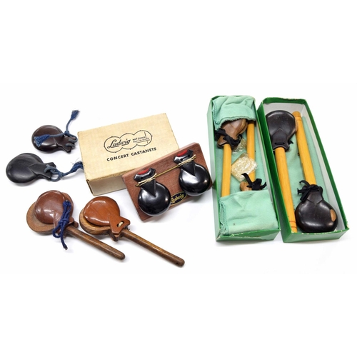 1256 - Paul Chalklin - Ludwig concert castanets, boxed; together with three pairs of handled castanets and ... 