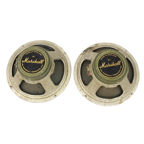 607 - Pair of old Marshall green back Celestion T1121 speakers in need of attention, codes 'JE' (tears to ... 