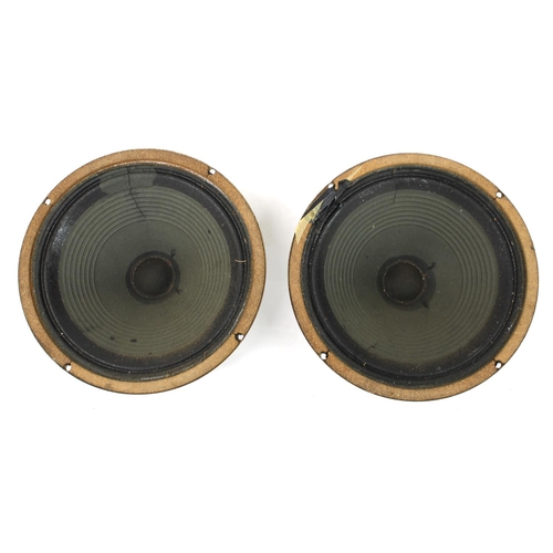607 - Pair of old Marshall green back Celestion T1121 speakers in need of attention, codes 'JE' (tears to ... 