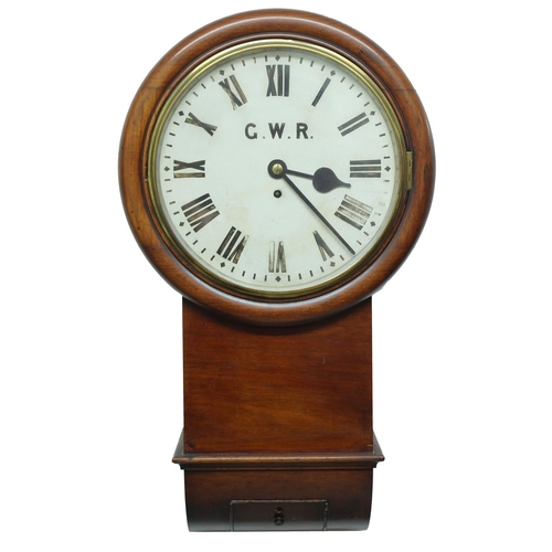 Great Western Railway (G.W.R) mahogany 12" drop dial wall clock, within a turned surround, inscribed 'G.W.R 1895' on an ivorine plaque fixed to the left hand side, (pendulum & keys)