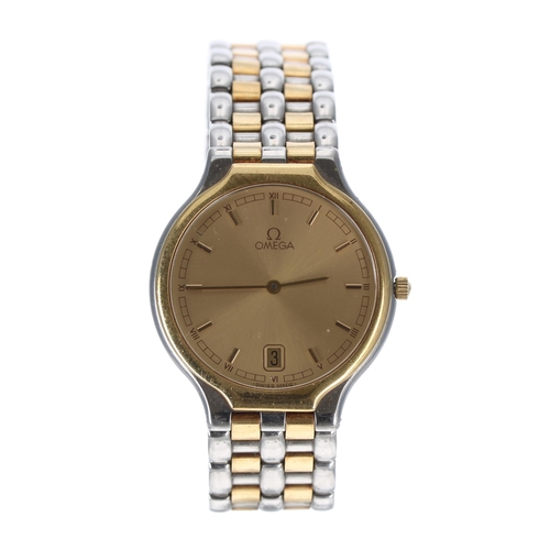 41 - Omega quartz two-tone midsize wristwatch, the champagne dial with baton markers and date aperture, 3... 