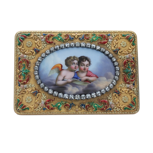 Fine quality yellow metal enamelled and diamond set rectangular plaque, depicting angelic figures within a  diamond borders and triple coloured foliate ground, the plaque initialled 'B.', estimated 2.10ct at approx in total, 50.9gm, 53mm x 88mm (403828-2-A)