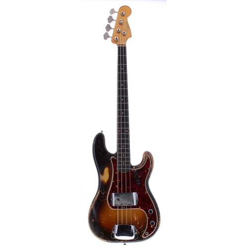 Brian 'Licorice' Locking (The Shadows, Marty Wilde and The Wild Cats, Krew Kats) - owned and extensively used 1960 Fender Precision Bass guitar, made in USA, ser. no. 50484; Finish: two-tone sunburst, heavily worn over years of extensive use; Neck: maple, heavy play wear to the back; Fretboard: rosewood; Frets: generally good; Electrics: working, replaced volume pot; Hardware: good; Case: contemporary Fender hard case; Weight: 3.74kg; Overall condition: good/used