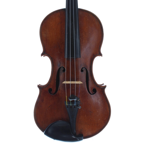 Very interesting late 18th century violin attributed to the Landolfi School, Milan circa 1790, labelled Antonius Stradivarius..., the two piece back of fine faint curl with similar wood to the sides, the head of plainish wood, the table of a fine width grain slightly widening to the flanks and the varnish of a light reddish-brown colour on a golden ground, 13 15/16", 35.40cm, two bows, case