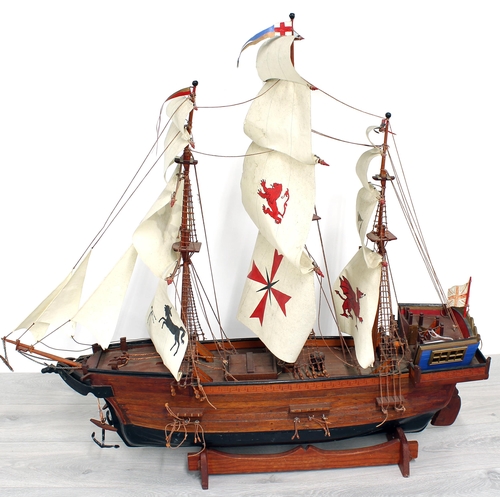 11 - Large wooden scale model of HMS Unicorn, with crested sails, upon display stand, 37