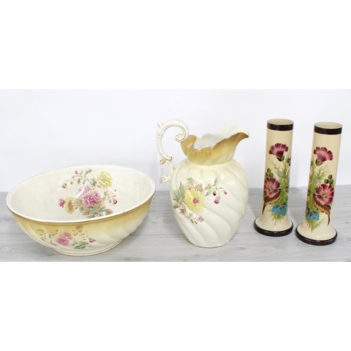 16 - Pair of Victorian opaline glass cylinder vases, with painted decoration of floral sprays, 12.5