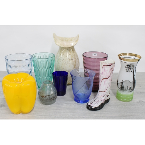 17 - Selection of assorted decorative glass vases including Laguna Art Glass wellington boot vase, and a ... 