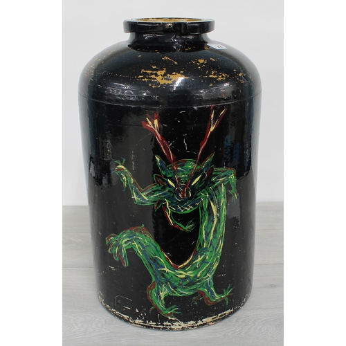 22 - Doulton Lambeth & Co stoneware jar, overpainted with calligraphy and the image of a dragon, 20