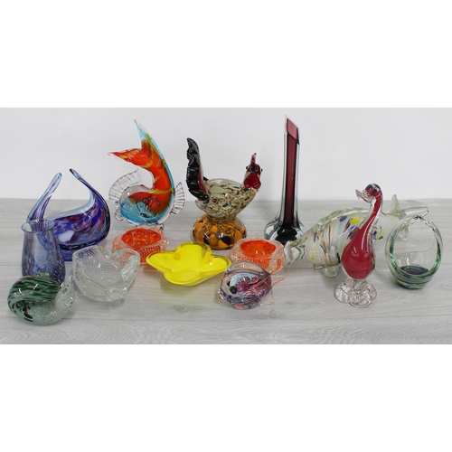 28 - Selection of Murano type coloured glass figures including fish, cockerel, snail etc; together with a... 