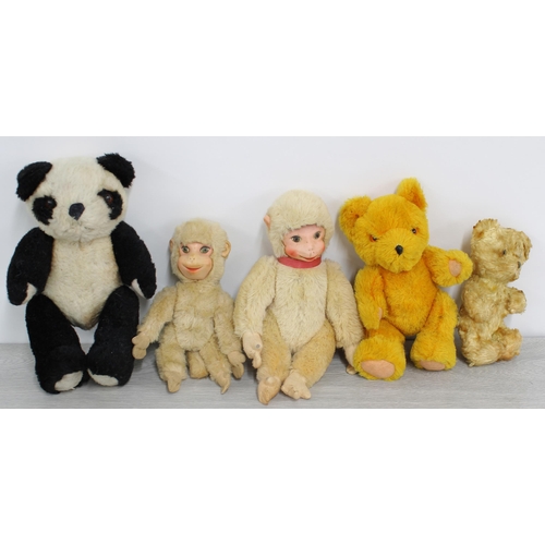 32 - Five vintage stuffed toys, three bears and two monkeys, largest panda bear 9.5