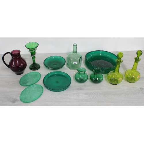 41 - Selection of green glassware to include a pair of painted decorated decanters, jug, vase, fruit bowl... 