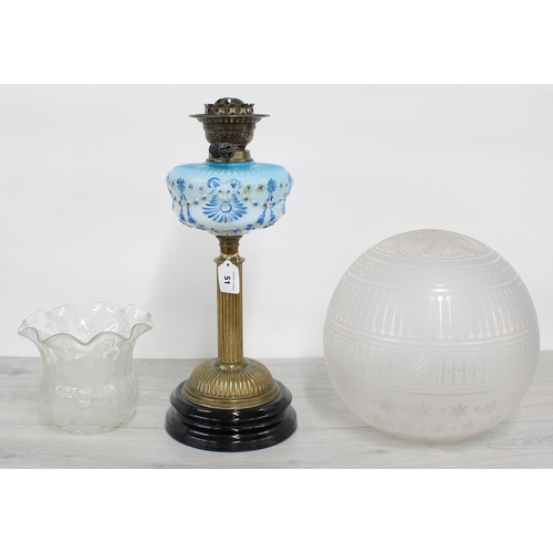 51 - Vintage moulded glass and brass oil lamp with flared engraved shade, duplex, 24.5