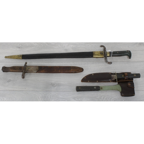 54 - German bayonet, the blade marked Amberg with crown in leather wrapped scabbard stamped 'B3R6', the b... 