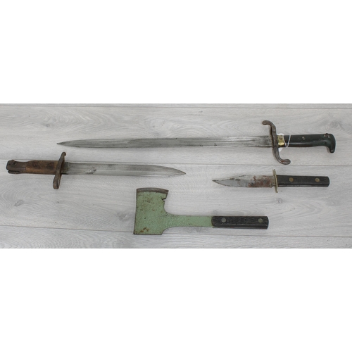 54 - German bayonet, the blade marked Amberg with crown in leather wrapped scabbard stamped 'B3R6', the b... 
