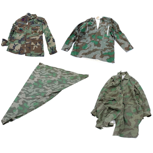 59 - Selection of reproduction German camouflage uniform smock, jacket, overcoat and heavy weight padded ... 