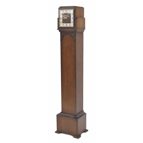 23 - Art Deco Bravingtons 'Renown' oak cased three train grandmother clock, with a square dial, chiming o... 
