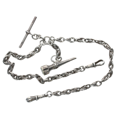 401 - Silver double watch Albert chain, with silver T-bar, two silver clasps and fob, 15.5'' approx, 48.7g... 