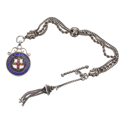 402 - Fancy white metal watch Albert chain with a silver and enamel York City & District Football Asso... 