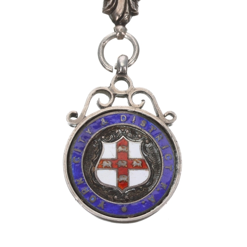 402 - Fancy white metal watch Albert chain with a silver and enamel York City & District Football Asso... 