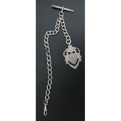 404 - Silver curb watch Albert chain, with clasp, silver T-bar and silver medallion fob, each link hallmar... 