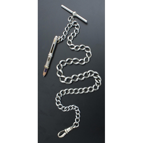 409 - Graduated curb link watch Albert chain, with propelling pencil, T-bar marked 'Albo Silver NCR Co Reg... 