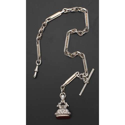 410 - Good silver fancy link watch Albert chain with silver clasp, silver T-bar and silver and bloodstone ... 