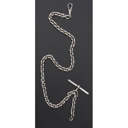 411 - Silver watch Albert chain with silver T-bar and clasp, the links bearing hallmarks, 13.75'' long app... 