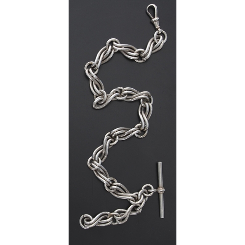 412 - Heavy silver twist link watch Albert chain, with silver T-bar and clasp, each link hallmarked, 13.5'... 