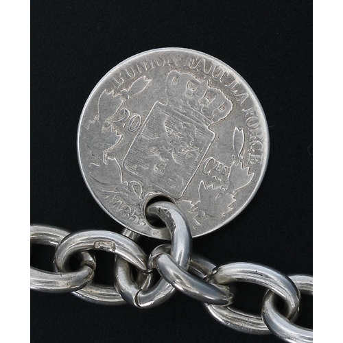 414 - Silver watch Albert chain, with Belgium Leopold Premier 20 cent coin, silver T-bar and clasp, 15'' l... 