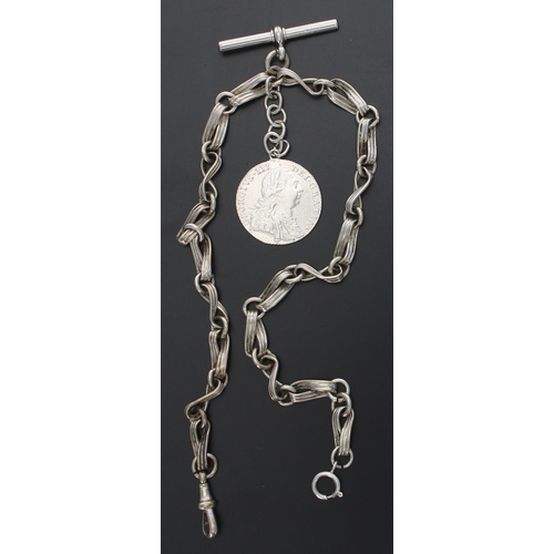 415 - Fancy silver twist link double watch Albert chain, with 1787 George III shilling, T-bar, clasp and s... 