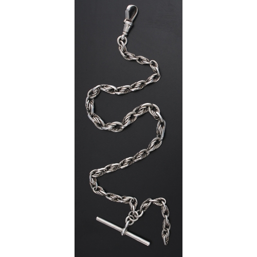 417 - Silver graduated watch Albert chain, with silver clasp and silver T-bar, 12.25'' long approx, 30.4gm... 