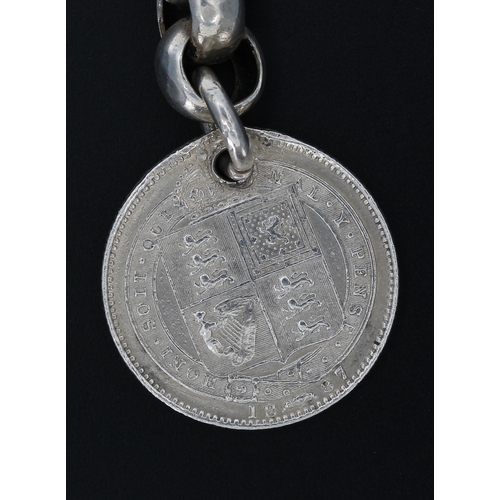 422 - Good silver watch Albert chain, with Queen Victoria Jubilee 1887 shilling, silver T-bar and silver c... 